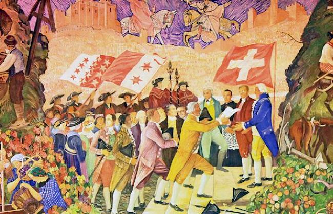 Gemälde von Ernest Biéler: Der Beitritt von anno dazumal bildlich in Szene gesetzt (seit 1946 im Grossratssaal in Sitten).