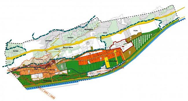Grosser Bodenverschleiss: In Brigerbad wird für die 3. Rottenkorrektion (siehe rote Linie) viel mehr Boden gebraucht, als geplant.