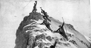 Die Ankunft der Erstbesteiger auf dem Matterhorn, wie sie der Maler Gustave Doré sieht.