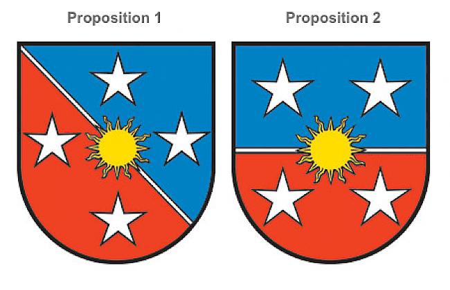Eines dieser beiden wird es sein: Die Bürger können zurzeit online abstimmen, welches Wappen ihnen für die neue Gemeinde besser gefällt. (Screenshot WB)