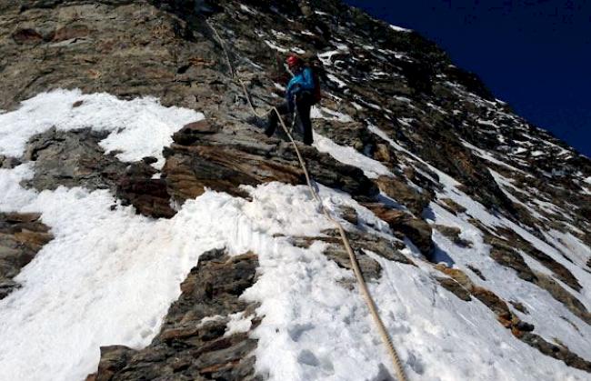 Ein Bergführer bei den Fixseilen, welche sich auf der Höhe zwischen 4250 und 4300 Meter am Hörnligrat kurz unterhalb des Gipfels befinden.
