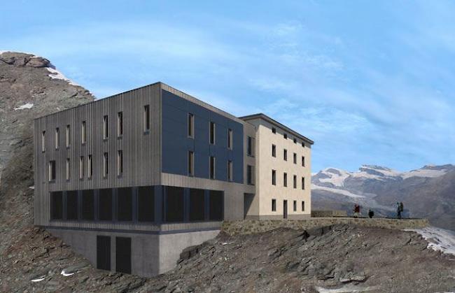 Die neue Hörnlihütte mit Anbau und Fotovoltaikanlage in der Fassade.