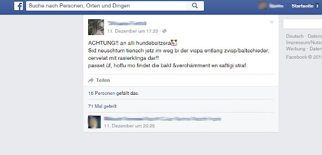 Die Meldung auf Facebook  warnt derzeit vor Köderfallen im Raum Visp.