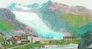In alter Pracht. Rhonegletscher von Gletsch aus gesehen um 1900. Von der alten Eispracht ist heutzutage nicht mehr viel &uuml;brig. 
