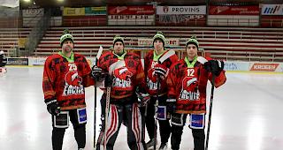 F&uuml;r einmal den Visper L&ouml;wen mit Nikolaus-M&uuml;tze auf der Brust: Die EHC-Visp-Spieler William Rapuzzi, Matthias Schoder, Fernando Heynen und Andy Ritz (von links).