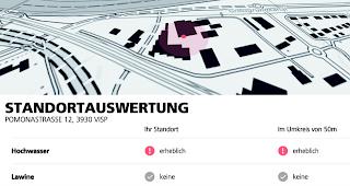 Achtung, Gefahr. Die Auswertung des Online-Tools am Beispiel der Pomonastrasse 12 in Visp zeigt: Hochwasser ist an diesem Standort ein Risiko. Von Lawinen geht keine Gefahr aus.  