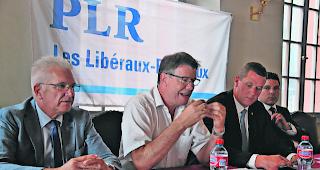 Vereinte Kr&auml;fte. Die FDP der Kantone Bern, Wallis, Waadt und Freiburg steht hinter der Olympiakandidatur. Von links: Pierre-Yves Grivel, Ren&eacute; Constantin, Gr&eacute;gory Devaud und S&eacute;bastien Dorthe.