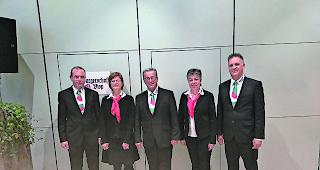 Der Burgerrat. Tobias Wirthner, Nicole Hanselmann Wyer, Burgermeister Georges Schmid, Erna Lengacher und Vizeburgermeister Sacha Hildbrand (von links).   