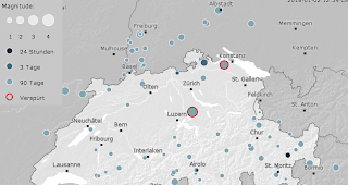 &Uuml;berblick: Alle registrierten Erdbeben in der Schweiz und im grenznahen Ausland in den letzten 90 Tagen.