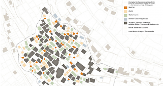 Blick zur&uuml;ck. Die Grafik zeigt, wie die alten &Ouml;konomiegeb&auml;ude im alten Albiner Dorfteil genutzt wurden. Den h&ouml;chsten Bestand, mit 63, weisen hier Stallscheunen aus.