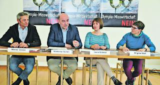 Geeinter Widerstand. SP-Grossrat Werner Jordan, Kommunikationsberater Waldemar Sch&ouml;n, WWF-Gesch&auml;ftsleiterin Laura Schmid und Brigitte Wolf, Pr&auml;sidentin Gr&uuml;ne Oberwallis und Gesch&auml;ftsleiterin VCS Wallis (von links): Sie lieferten gestern &laquo;druckfrische&raquo; Argumente f&uuml;r ein Nein zu &laquo;Sion 2026&raquo;. 