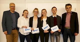 Von links: Peter Seiler (Mitglied der Gesch&auml;ftsleitung der SRP Ingenieur AG), Livia Guntern, Anna Stoffel, Tatjana Zurbriggen, Thomas Weber und Paul Hanselmann (Pr&auml;sident der NfGO).