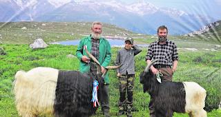 Besonders flotte B&ouml;cke. Der namenlose Bock mit Nummer 41 des Z&uuml;chters Edwin Eggel (links) mit Enkel Simon Gundi und Bock &laquo;Levin&raquo; seines Vetters Adrian Eggel: Sie posierten nach der Wahl zum Mister Naters vor dem h&uuml;bschen Plakat.  