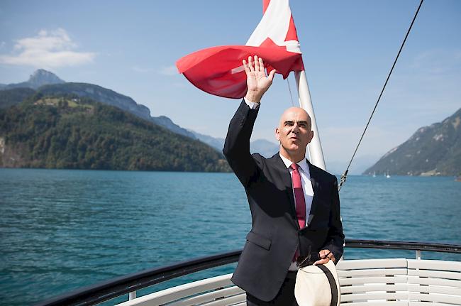 Bundespräsident Alain Berset fährt mit dem Schiff von Brunnen zur 1. August-Feier auf dem Rütli.
