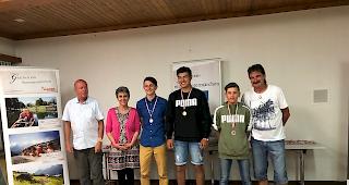 (Von links): Helmut Hochwartner, Vizepr&auml;sident Weltverband Castingsport; Karin Meichtry, Vizepr&auml;sidenten Schweizer Castingport Verband; Micha Meichtr, 2. Rang Kat. D3; Seya Petermann, 1. Rang Kat. D3; Janis Ritler, 3. Rang Kat. D3; Richi Meichtry, OK-Pr&auml;sident der International Swiss Championship - Castingsport.