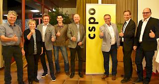 Bezirkspr&auml;sident Jean-Claude Zeiter sowie Nationalrat Thomas Egger und Staatsrat Roberto Schmid mit den Kandidaten der CSP Leuk: Bernhard Burkhard, Raban Karlen, Thomas Matter, Zita Burgener und Rafael Locher.