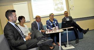 Informierten zum Studienjahr 2018: Ga&euml;tan Cherix, Direktor Hochschule f&uuml;r Ingenieurwissenschaften; Nicole Langenegger, Soziale Arbeit; Fran&ccedil;ois Seppey, Direktor Gesamtschule; Anne Jacquier-Delaloye, Hochschule f&uuml;r Gesundheit; und Bruno Montani, Hochschule f&uuml;r Wirtschaft & Tourismus.