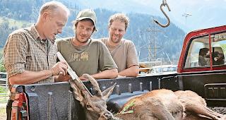 Hirschspiesser. Ramon Volken (Mitte) pr&auml;sentiert zusammen mit Jagdkollege Simon Truffer &shy; seinen erlegten Hirsch bei der Kontrollstelle von Wildh&uuml;ter Stefan Imhof in Fiesch.Fotos wb