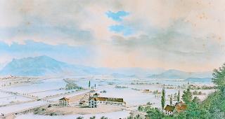 Imposant. Die &Uuml;berschwemmung von 1868 bei Au, St. Gallen.Aquarell Staatsarchiv St. Gallen