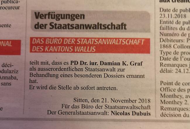 Im Amtsblatt. So kommuniziert die Walliser Staatsanwaltschaft.