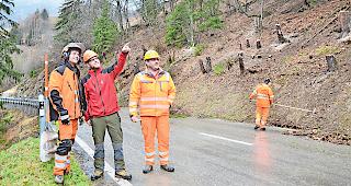 Knochenarbeit. Forstwart Jonas Messerli, Dominic Gruber, Bereichsleiter Wald, und Strassenmeister Patrick Kuonen (von links) besprechen die n&auml;chsten Schritte, die auf der Baustelle oberhalb von Inden anstehen.