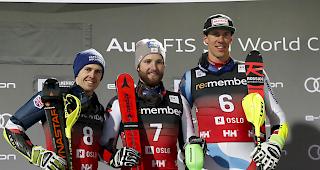 Das Podest: Dave Ryding, Marco Schwarz und Ramon Zenh&auml;usern (von links).