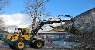 Mitarbeiter des Forstbetriebs Visp und Umgebung bei Rodungsarbeiten f&uuml;r die geplante Verbreiterung der Vispa.