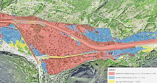 Erhebliche Gef&auml;hrdung. Vor den Sicherheitsmassnahmen war ein Grossteil von Visp vor Hochwasser nicht sicher.