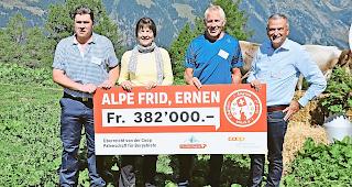 Stolze Summe. Coop-Chef Joos Sutter (rechts) und die Patenschafts-Verwaltungsratspr&auml;sidentin Irene Kaufmann (Zweite von links) &uuml;bergeben den Check an Alppr&auml;sident Andreas Schwery &shy; (Zweiter von rechts) und J&eacute;r&ocirc;me Imhof (links) von der Burgergemeinde Ernen.Foto wb
