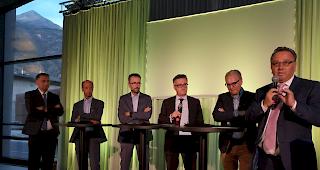 CSPO-Wahlveranstaltung (v.l.): Nationalrat Thomas Egger, St&auml;nderat Beat Rieder, Alain Bregy, Leiter Netze EnAlpin AG, Diego Clausen, Fraktionschef CSPO, Renzo Cicillini, Standortleiter Lonza Visp, Staatsrat Roberto Schmidt.