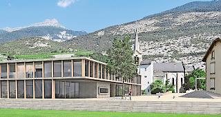 Urnengang. Links der geplante Neubau mit Schule und Mehrzweckhalle, rechts das bestehende Schulhaus.visualisierung zvg