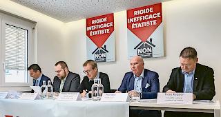 F&uuml;r ein klares Nein. Nationalrat Sidney Kamerzin, HEVO-Pr&auml;sident Matthias Eggel, Nationalrat Philippe Nantermod, HEVU-Pr&auml;sident Paul-Andr&eacute; Roux und Nationalrat Franz Ruppen (von links).